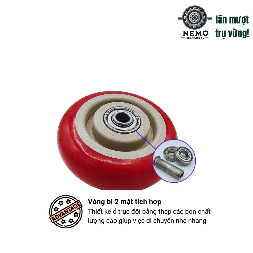 Bánh xe đẩy hàng PVC đỏ mận, cọc vít, có bạc đạn, đường kính 7cm, 10cm, 12cm, 105-135kg /bánh